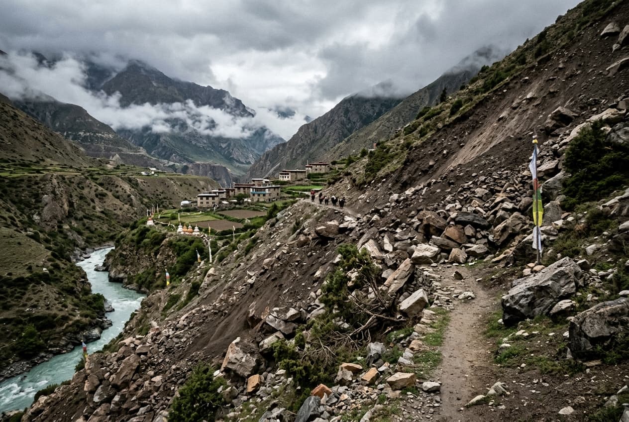 Himalayan Landslide Buries Himlung Work Camp, Four Dead, Twelve Missing, Villagers Flee Uphill Trail Himalayan Landslide Buries Himlung Work Camp, Four Dead, Twelve Missing, Villagers Flee Uphill Trail
