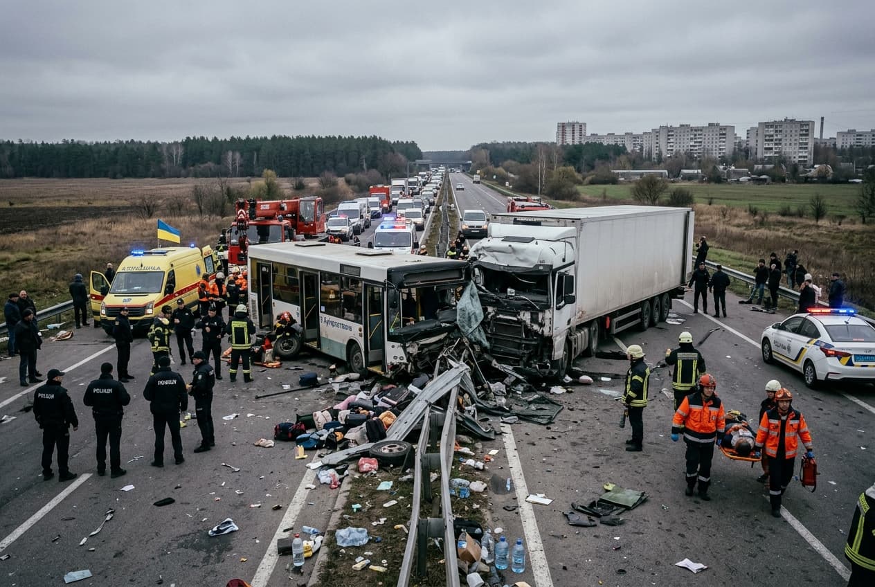 Kyiv Highway Crash Leaves Four Dead, Transport Truck Slams Into Passenger Bus, Emergency Crews Cut Survivors Free Kyiv Highway Crash Leaves Four Dead, Transport Truck Slams Into Passenger Bus, Emergency Crews Cut Survivors Free