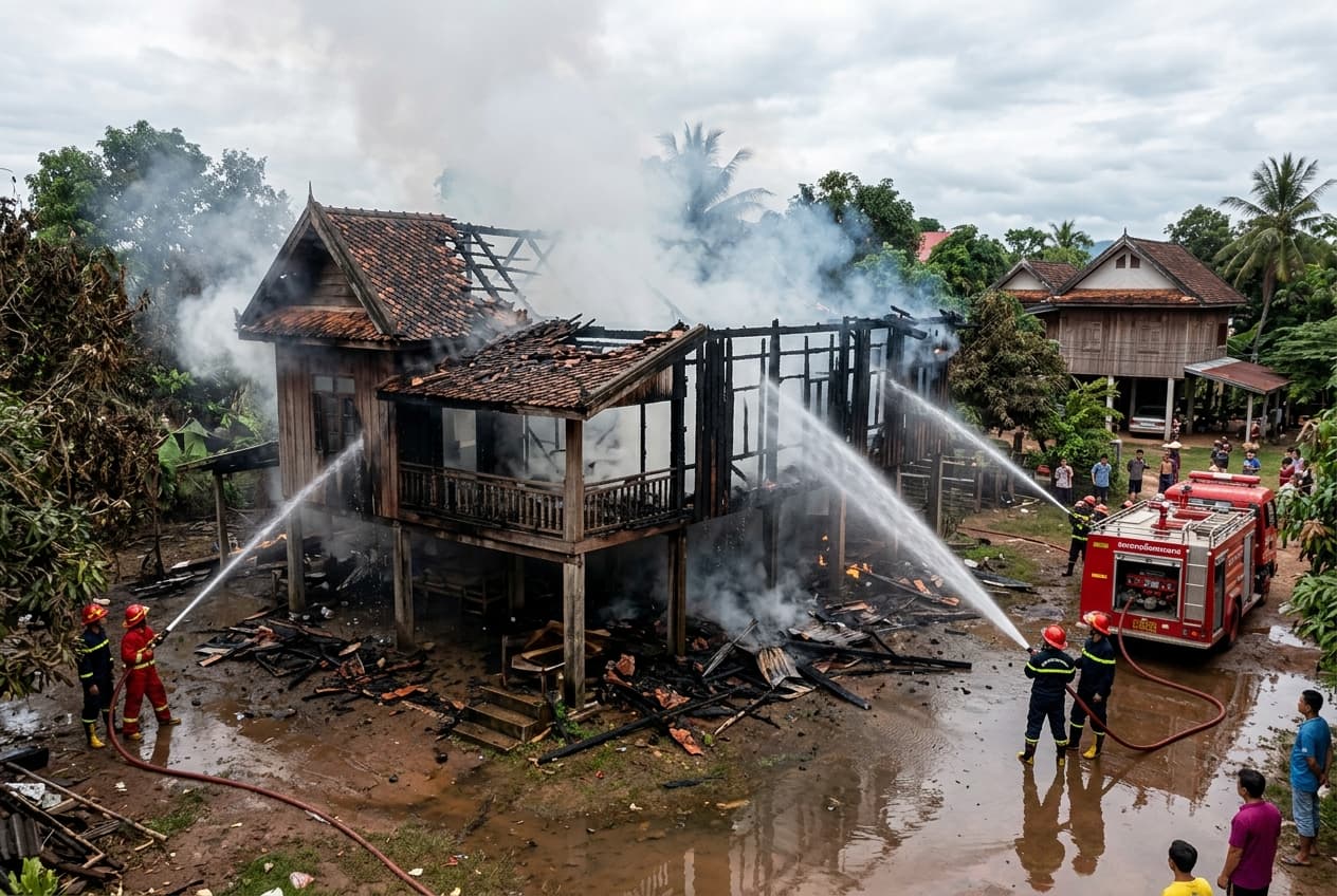 Champasak Residential House Fire: Electrical Short Circuit Blamed for Blaze That Kills Two Children Champasak Residential House Fire: Electrical Short Circuit Blamed for Blaze That Kills Two Children