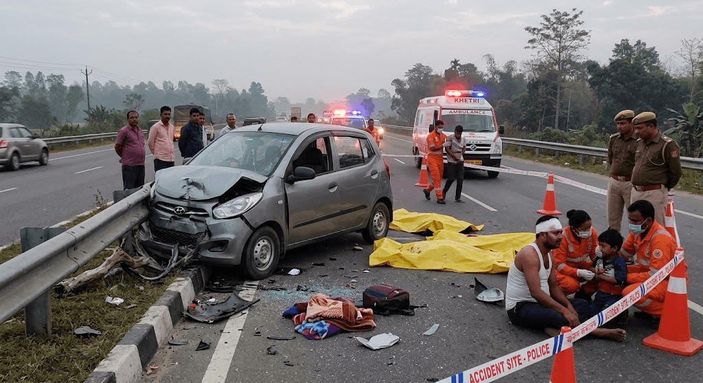 Tragedy on NH 37: 3 Killed, 3 Injured as Family’s Car Crashes into Safety Railing in Khetri Tragedy on NH 37: 3 Killed, 3 Injured as Family’s Car Crashes into Safety Railing in Khetri