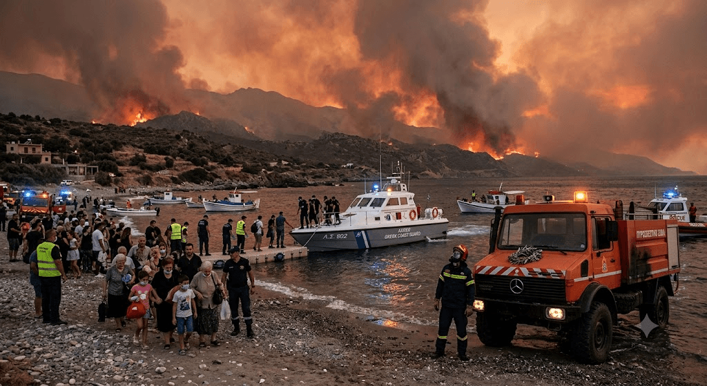 Tragedy in Greece: Two Firefighters Killed as Coast Guard Evacuates Dozens From Crete Inferno Tragedy in Greece: Two Firefighters Killed as Coast Guard Evacuates Dozens From Crete Inferno