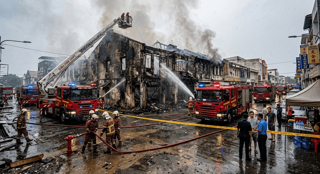 Morning Inferno: Massive Fire Rips Through Shophouse in Sibu, Sarawak Morning Inferno: Massive Fire Rips Through Shophouse in Sibu, Sarawak