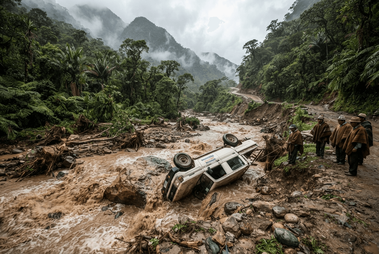 Yungas Valley Flash Flood: Rushing Waters Sweep Away Utility Vehicle and Leave Three Dead Yungas Valley Flash Flood: Rushing Waters Sweep Away Utility Vehicle and Leave Three Dead