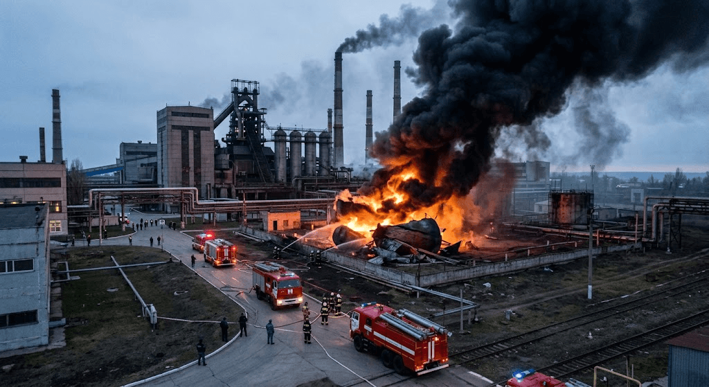 Fire Blazes Near Russian Metallurgical Plant Following Reported Drone Strike in Balakovo Fire Blazes Near Russian Metallurgical Plant Following Reported Drone Strike in Balakovo