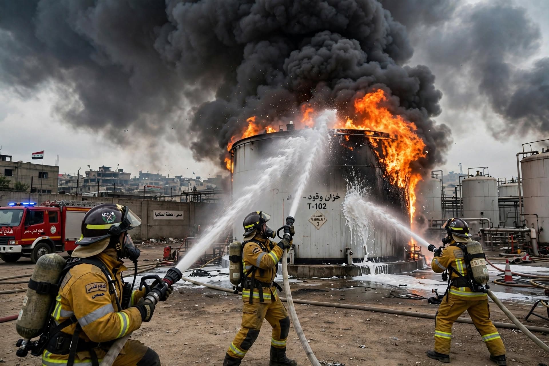 Homs Industrial Fire: Fuel Depot Detonation Leaves Two Workers Hospitalized With Severe Burns Homs Industrial Fire: Fuel Depot Detonation Leaves Two Workers Hospitalized With Severe Burns