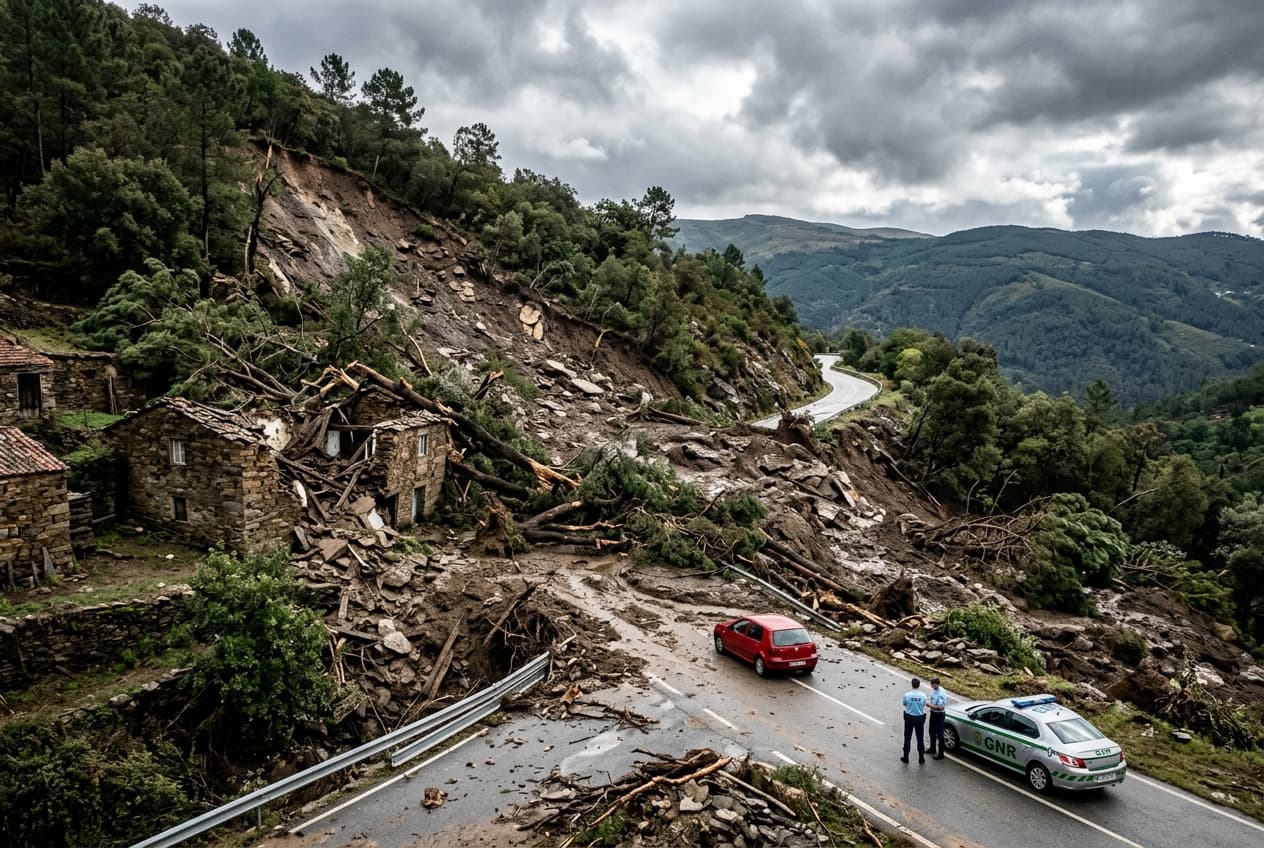 Rural District Landslide Kills One as Torrential Storms Batter Portugal with Severe Rainfall and Mudflows Rural District Landslide Kills One as Torrential Storms Batter Portugal with Severe Rainfall and Mudflows