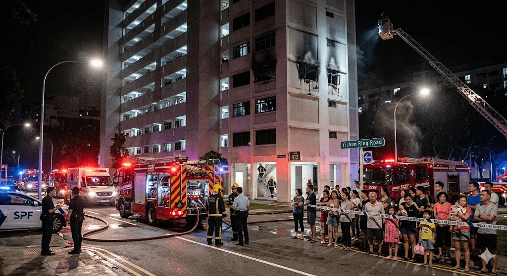 Yishun HDB Fire: 28 Residents Evacuated as SCDF Battles Flat Blaze Yishun HDB Fire: 28 Residents Evacuated as SCDF Battles Flat Blaze