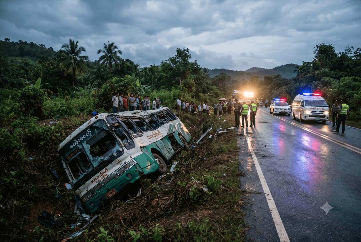 Highway Tragedy: Bus Overturns On Yangon-Mandalay Road Leaving Six Passengers Dead In Myanmar Crash Highway Tragedy: Bus Overturns On Yangon-Mandalay Road Leaving Six Passengers Dead In Myanmar Crash