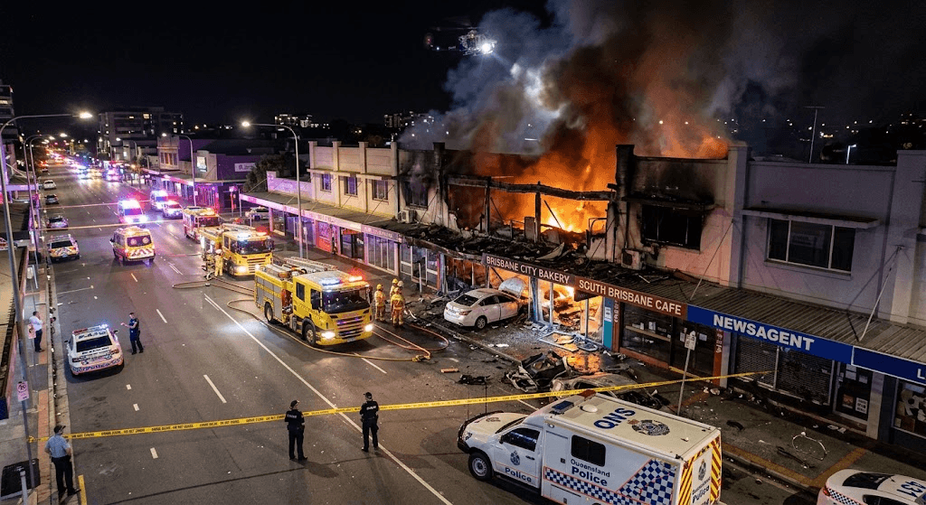 Deliberate Destruction: Car Crashes into South Brisbane Shopping Strip and Set Ablaze Deliberate Destruction: Car Crashes into South Brisbane Shopping Strip and Set Ablaze