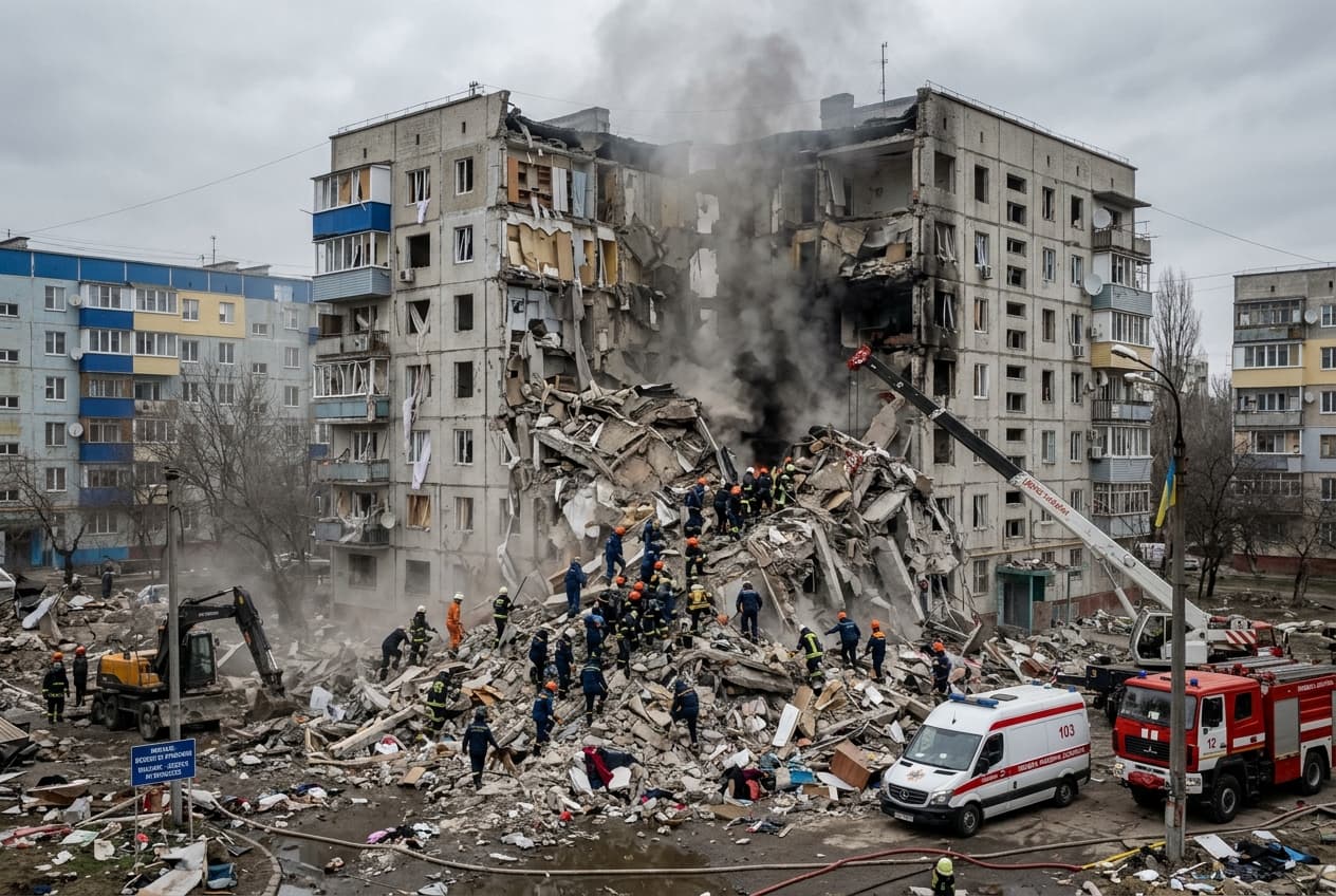 Heavy Strike on Residential Building in Ukraine: Twenty Civilians Killed, Rescue Teams Search Rubble Heavy Strike on Residential Building in Ukraine: Twenty Civilians Killed, Rescue Teams Search Rubble