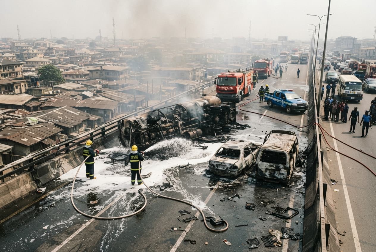 Four Killed in Lagos: Tanker Truck Overturns and Ignites Incinerates Three Cars Today Four Killed in Lagos: Tanker Truck Overturns and Ignites Incinerates Three Cars Today