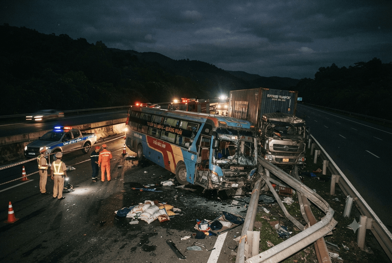 Expressway Head-On Crash: Tractor-Trailer And Sleeper Bus Collision Leaves Two Dead In Quang Ngai Expressway Head-On Crash: Tractor-Trailer And Sleeper Bus Collision Leaves Two Dead In Quang Ngai