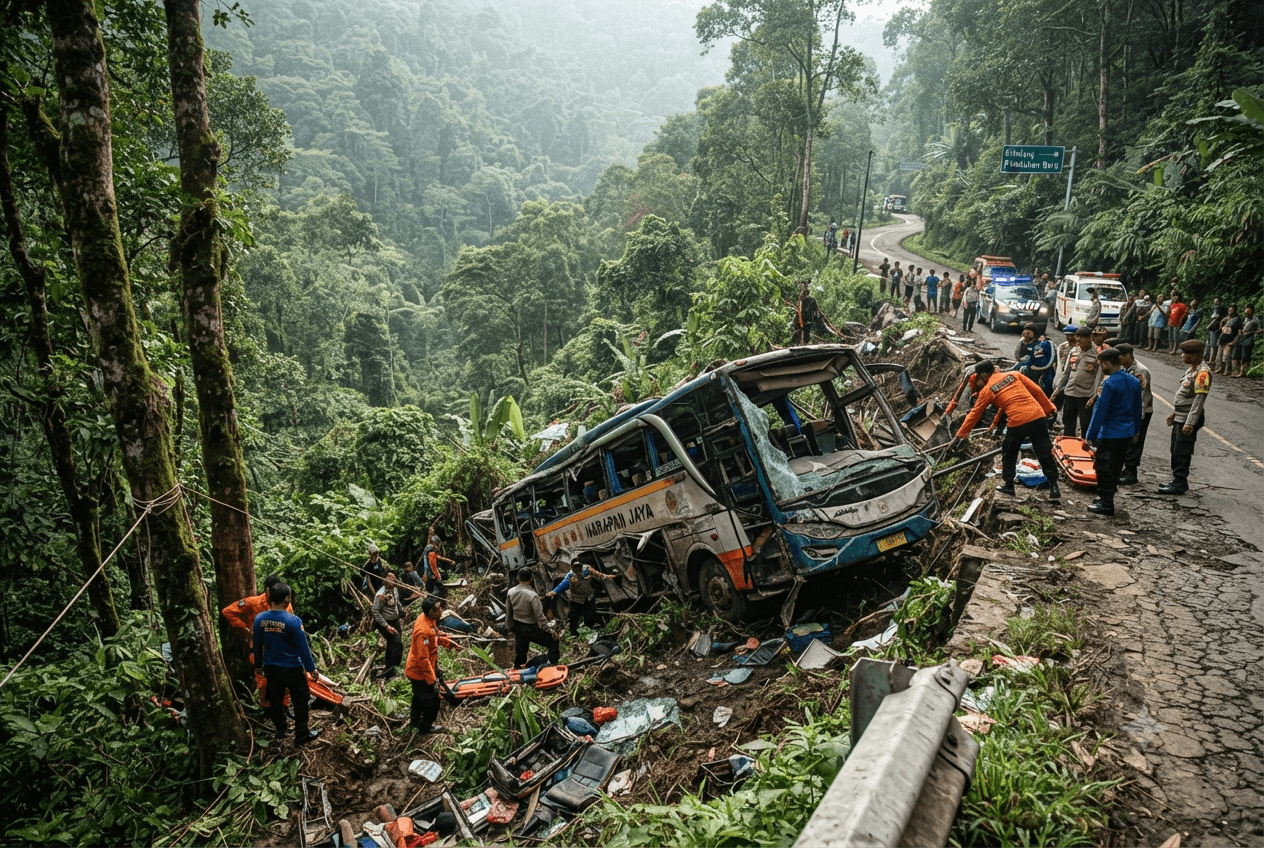 Cikidang Bus Crash: Five Dead and Twelve Injured After Vehicle Plunges Off Mountain Road Cikidang Bus Crash: Five Dead and Twelve Injured After Vehicle Plunges Off Mountain Road