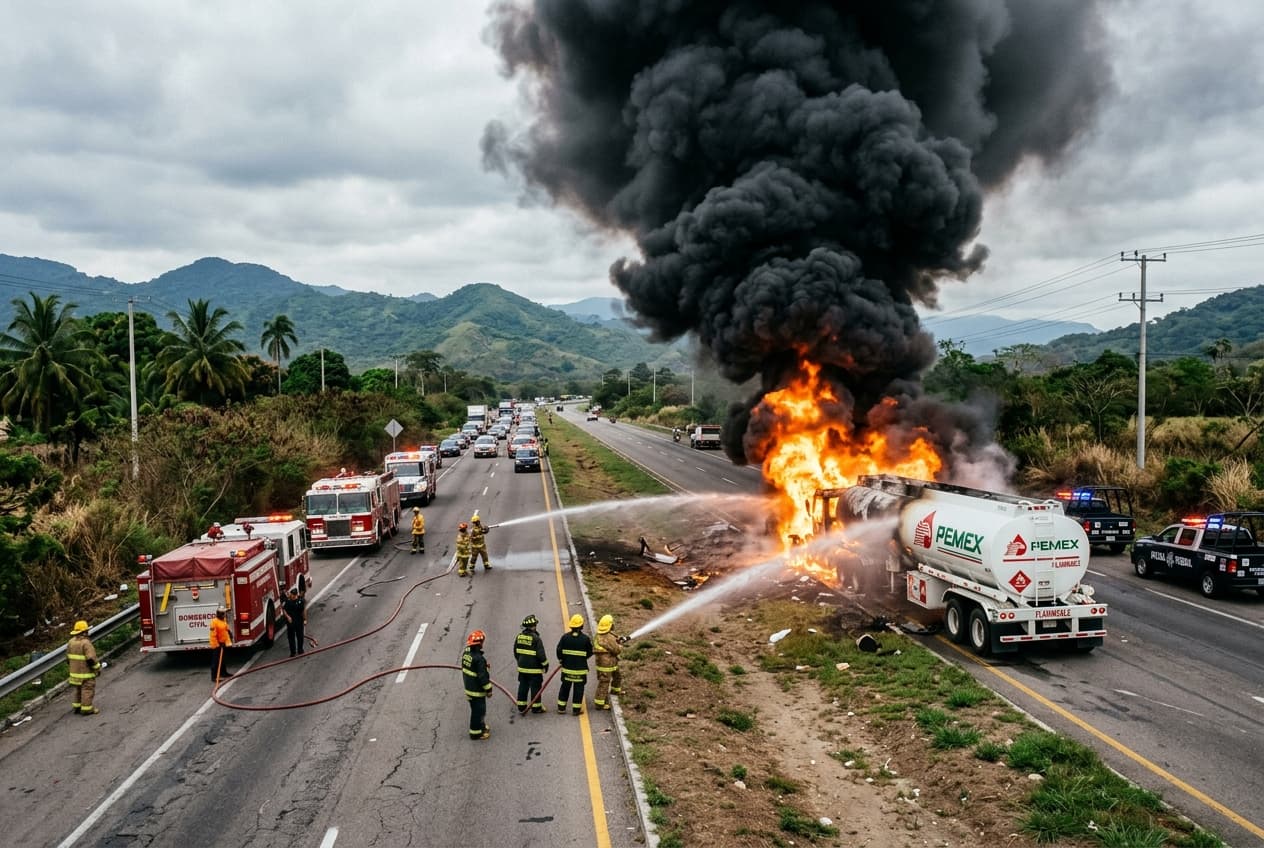 Gasoline Tanker Explodes On Veracruz Highway, Driver Killed As Fire Engulfs Roadway Instantly Gasoline Tanker Explodes On Veracruz Highway, Driver Killed As Fire Engulfs Roadway Instantly