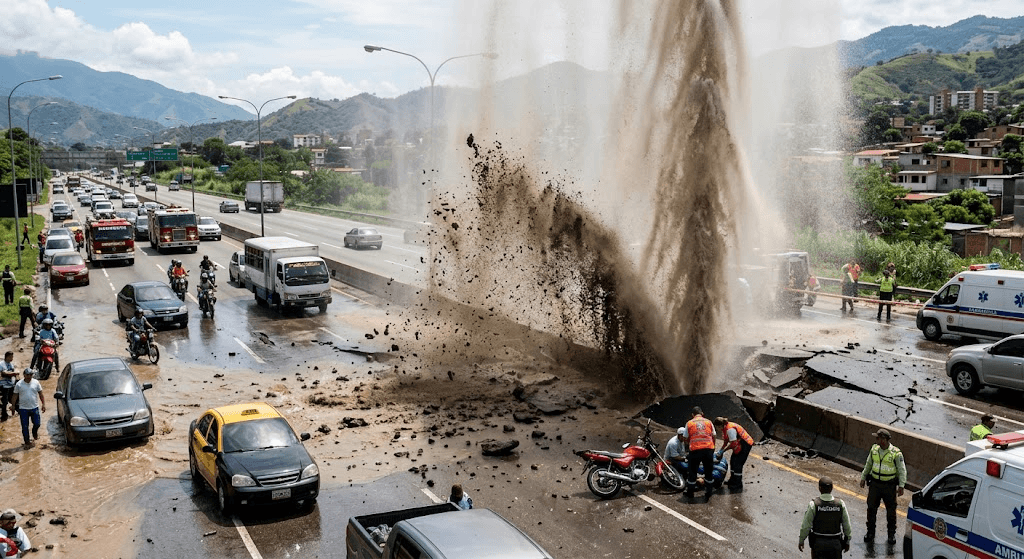 Geyser on the Highway: High-Pressure Water Main Burst Causes Chaos on Busy Venezuelan Road Geyser on the Highway: High-Pressure Water Main Burst Causes Chaos on Busy Venezuelan Road