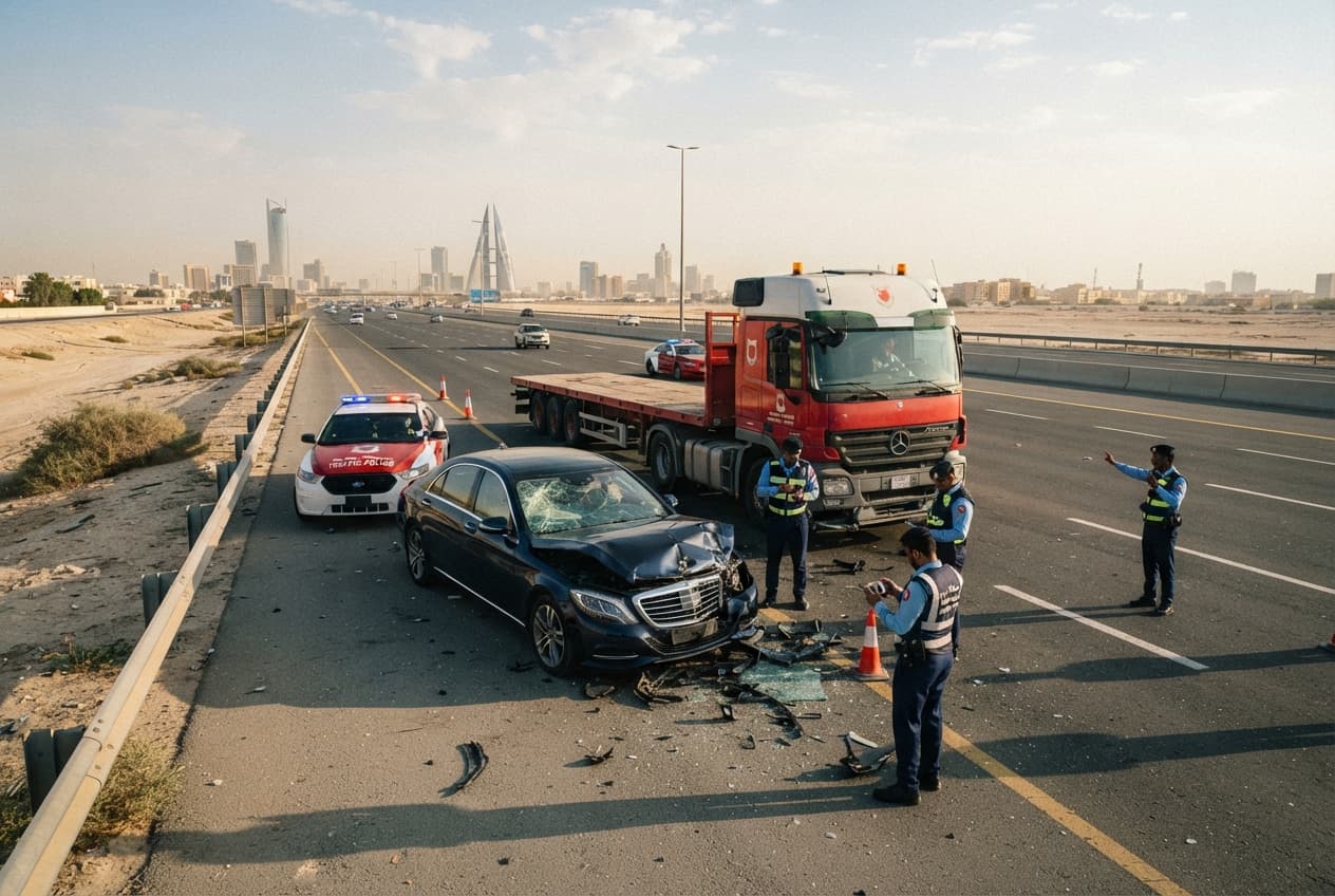 Fatal Highway Collision: Luxury Sedan and Lorry Crash Leaves Driver Dead in Bahrain Fatal Highway Collision: Luxury Sedan and Lorry Crash Leaves Driver Dead in Bahrain