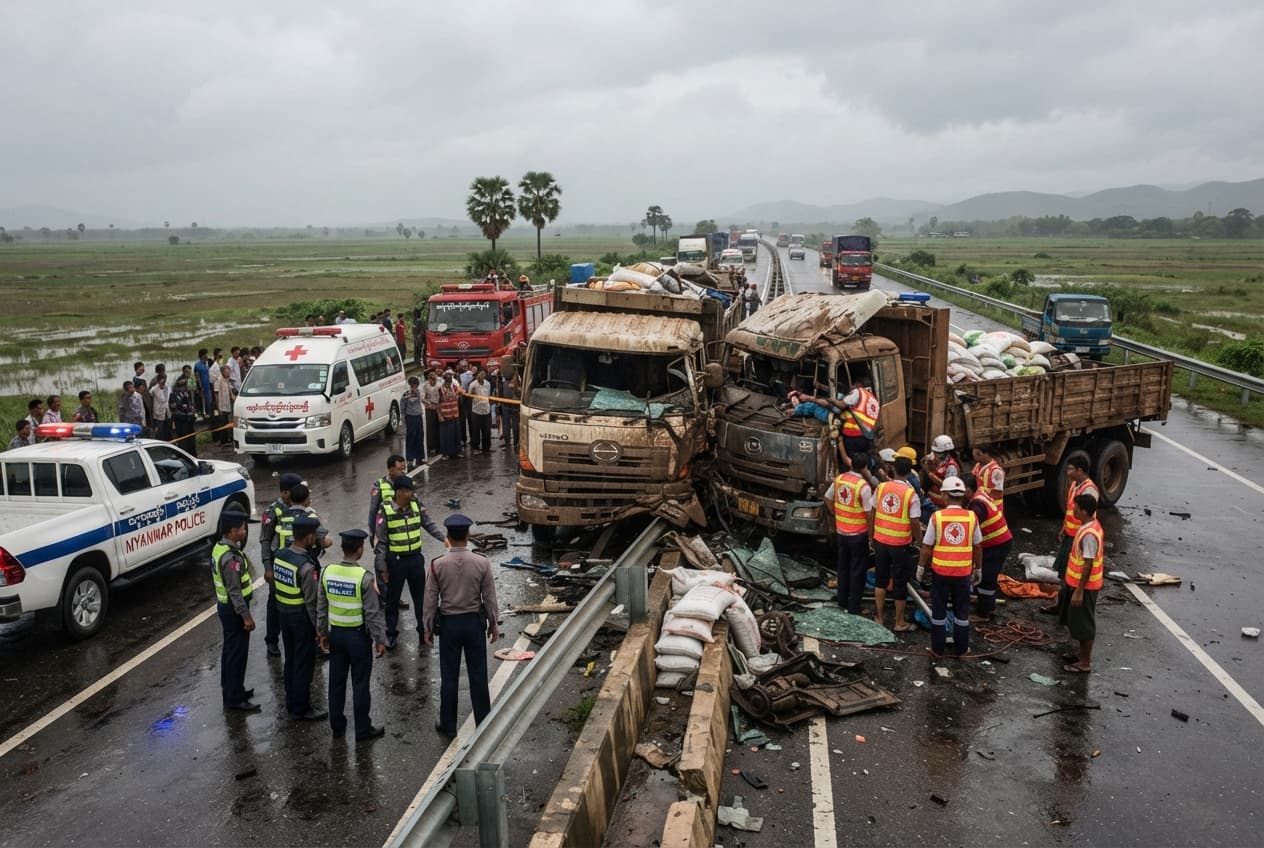 Head-On Collision on Highway: Two Commercial Vehicles Crash on Yangon-Mandalay Route Head-On Collision on Highway: Two Commercial Vehicles Crash on Yangon-Mandalay Route