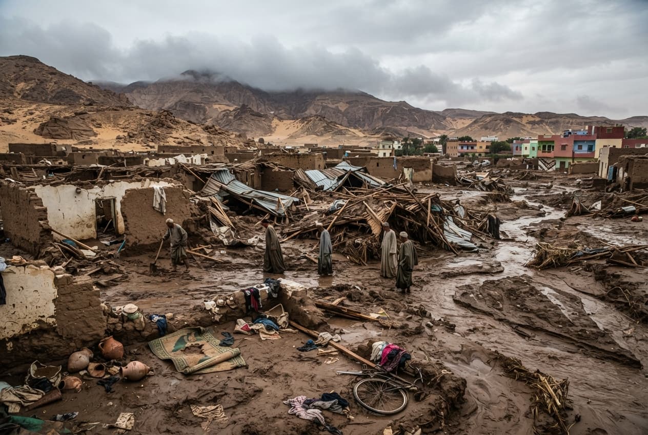 Desert Flash Flood, Upper Egypt Mud-Brick Homes Destroyed and Four Dead Following Torrential Rains Desert Flash Flood, Upper Egypt Mud-Brick Homes Destroyed and Four Dead Following Torrential Rains