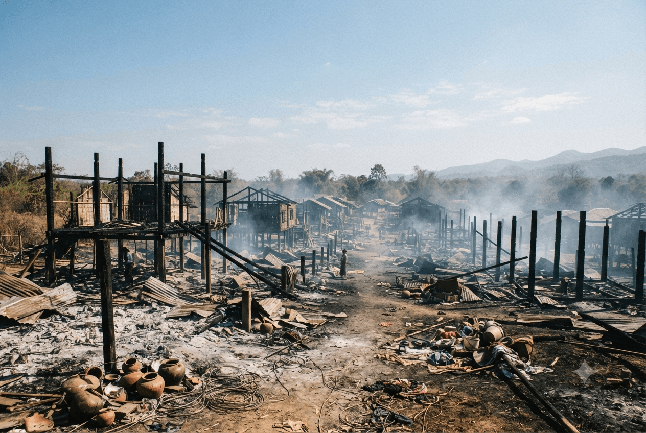 Destruction in Myanmar: Village Fire Leaves Scores of Families Without Shelter After Military Assault Destruction in Myanmar: Village Fire Leaves Scores of Families Without Shelter After Military Assault