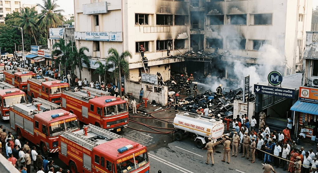 Fire Breaks Out at Defunct Hotel Near Teynampet Metro Station in Chennai Fire Breaks Out at Defunct Hotel Near Teynampet Metro Station in Chennai
