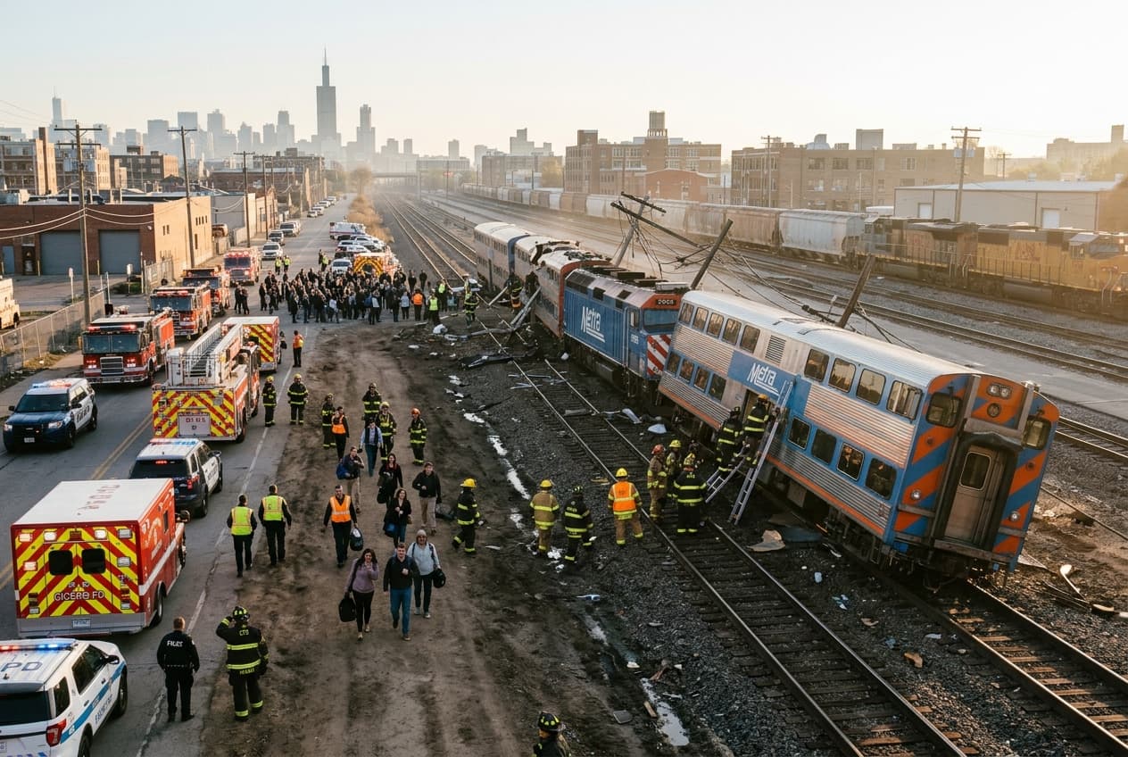 Chicago Commuter Train Derails, Eighteen Injured, Cars Tilt Off Tracks, Rescue Teams Evacuate Passengers Chicago Commuter Train Derails, Eighteen Injured, Cars Tilt Off Tracks, Rescue Teams Evacuate Passengers