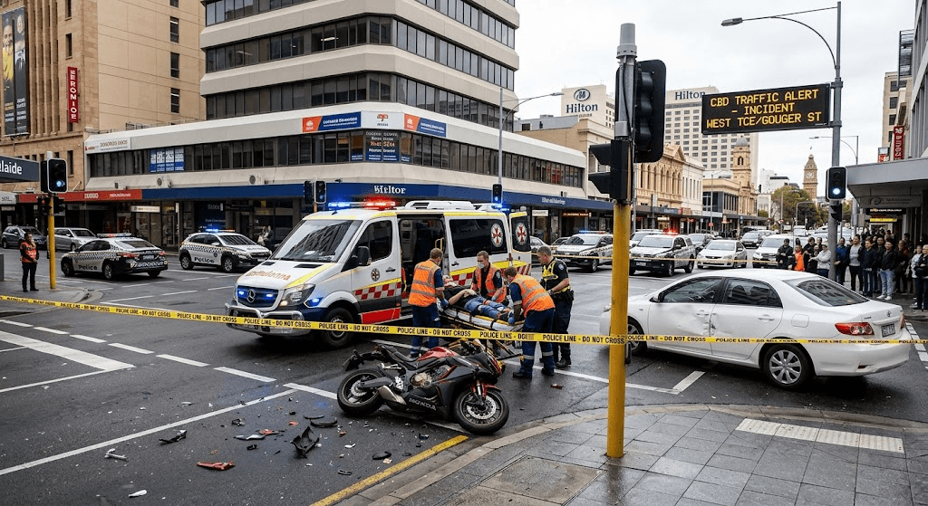 Motorcyclist Hospitalized Following Major Collision at Busy Adelaide CBD Intersection Motorcyclist Hospitalized Following Major Collision at Busy Adelaide CBD Intersection