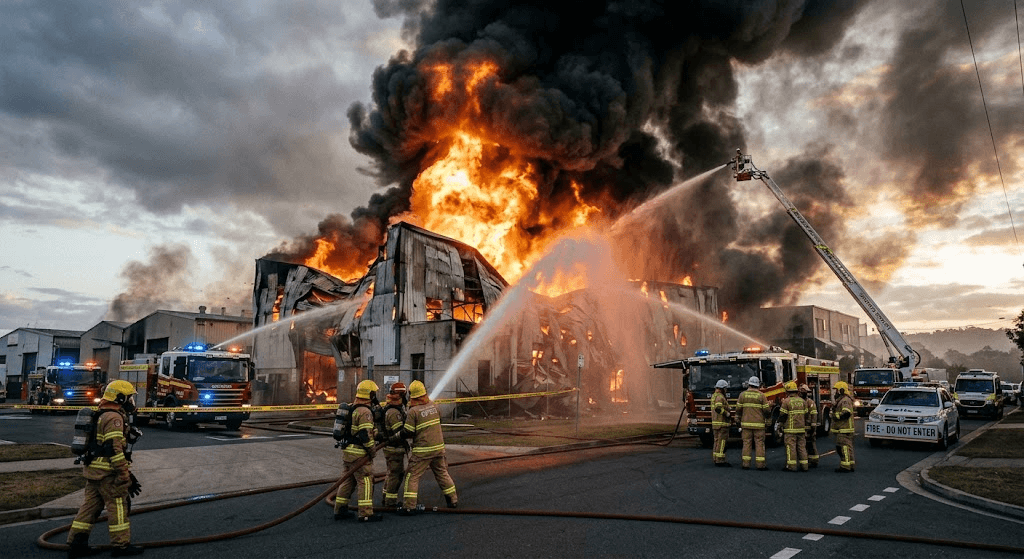 Inferno in Narangba: Firefighters Battle Massive Industrial Blaze Inferno in Narangba: Firefighters Battle Massive Industrial Blaze