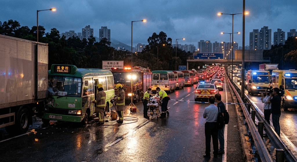 Morning Commute Terror: 17 Injured as Minibus and Truck Collide on Fanling Highway Morning Commute Terror: 17 Injured as Minibus and Truck Collide on Fanling Highway