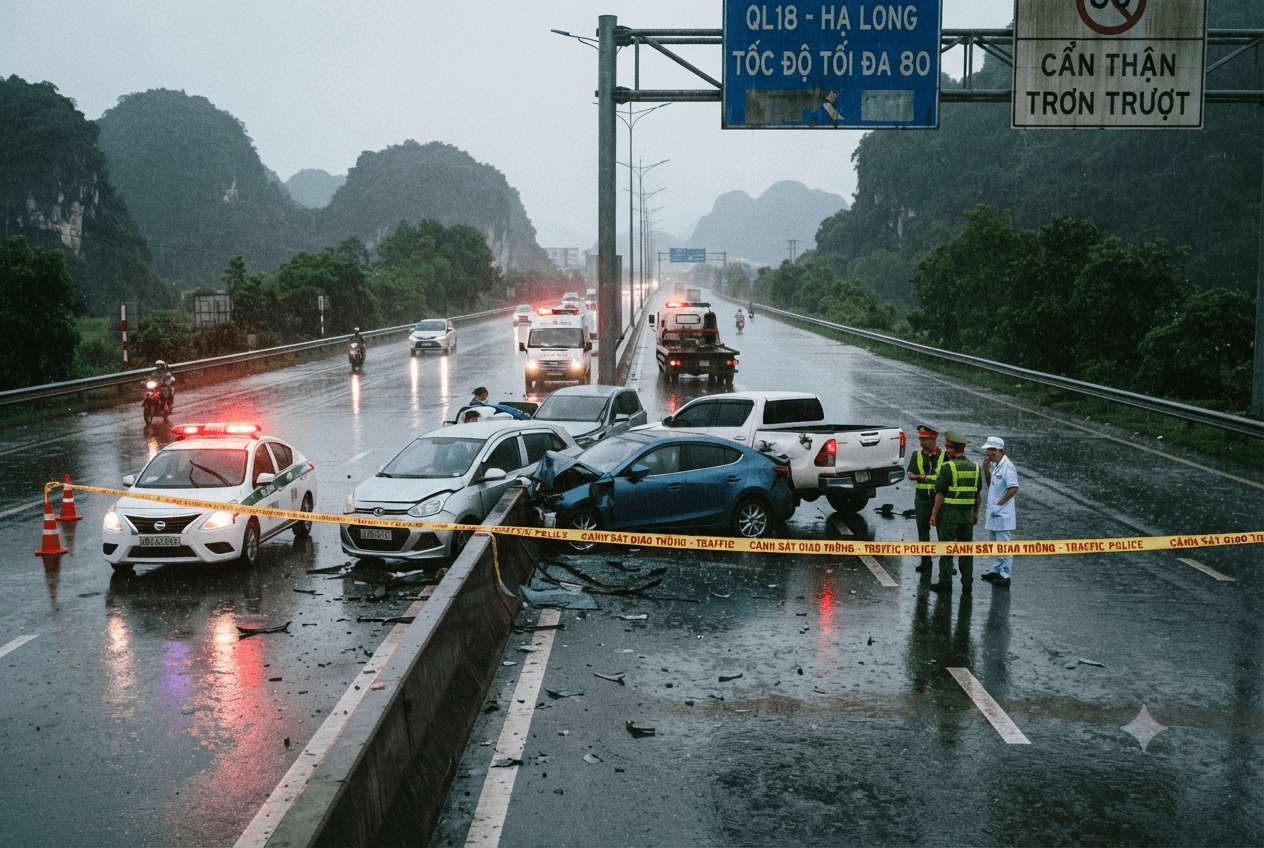 Traffic Chaos In Quang Ninh: Three Injured As Heavy Rain Triggers Multi-Vehicle Highway Crash Traffic Chaos In Quang Ninh: Three Injured As Heavy Rain Triggers Multi-Vehicle Highway Crash