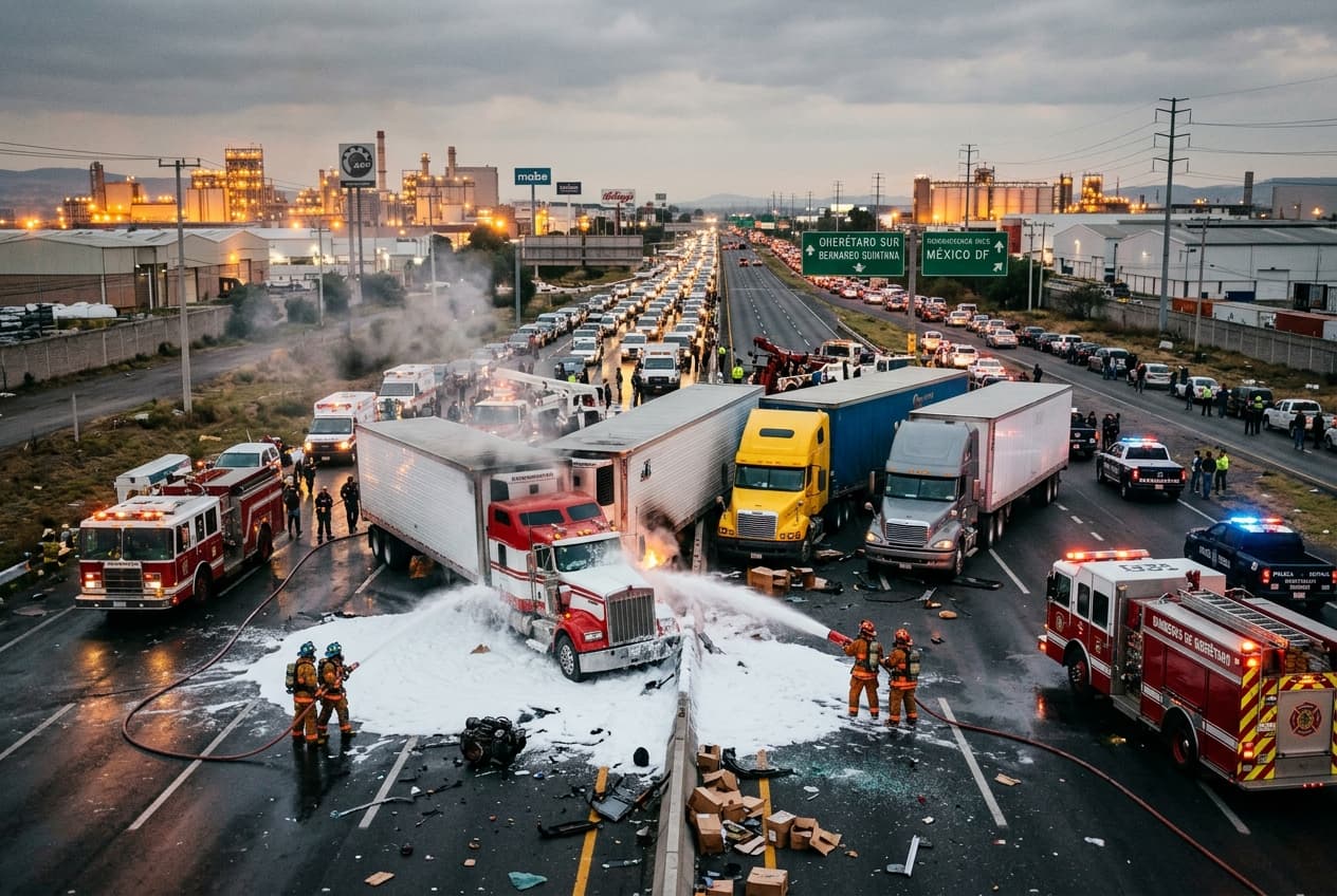 Federal Highway 57 Blocked: Multi-Vehicle Commercial Truck Crash Causes Complete Paralysis Across Querétaro Corridor Federal Highway 57 Blocked: Multi-Vehicle Commercial Truck Crash Causes Complete Paralysis Across Querétaro Corridor