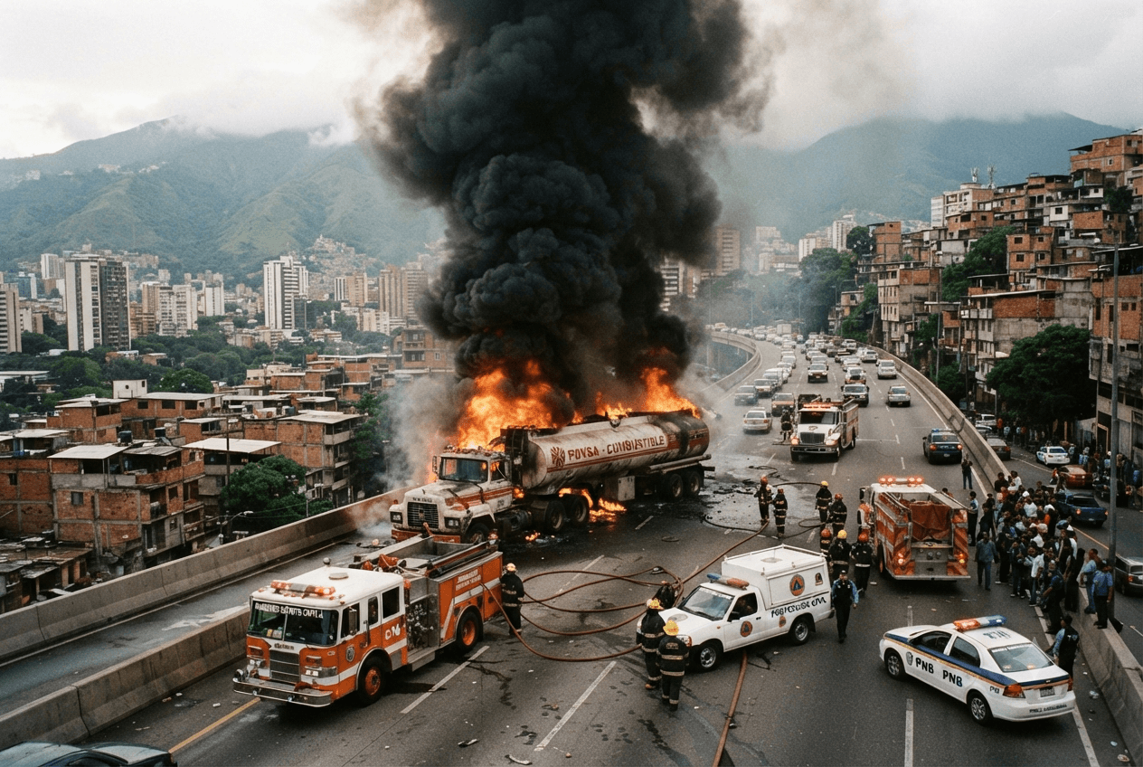 Fuel Tanker Catastrophe: Explosion on Caracas Highway Kills Driver and Injures Three Civilians Fuel Tanker Catastrophe: Explosion on Caracas Highway Kills Driver and Injures Three Civilians