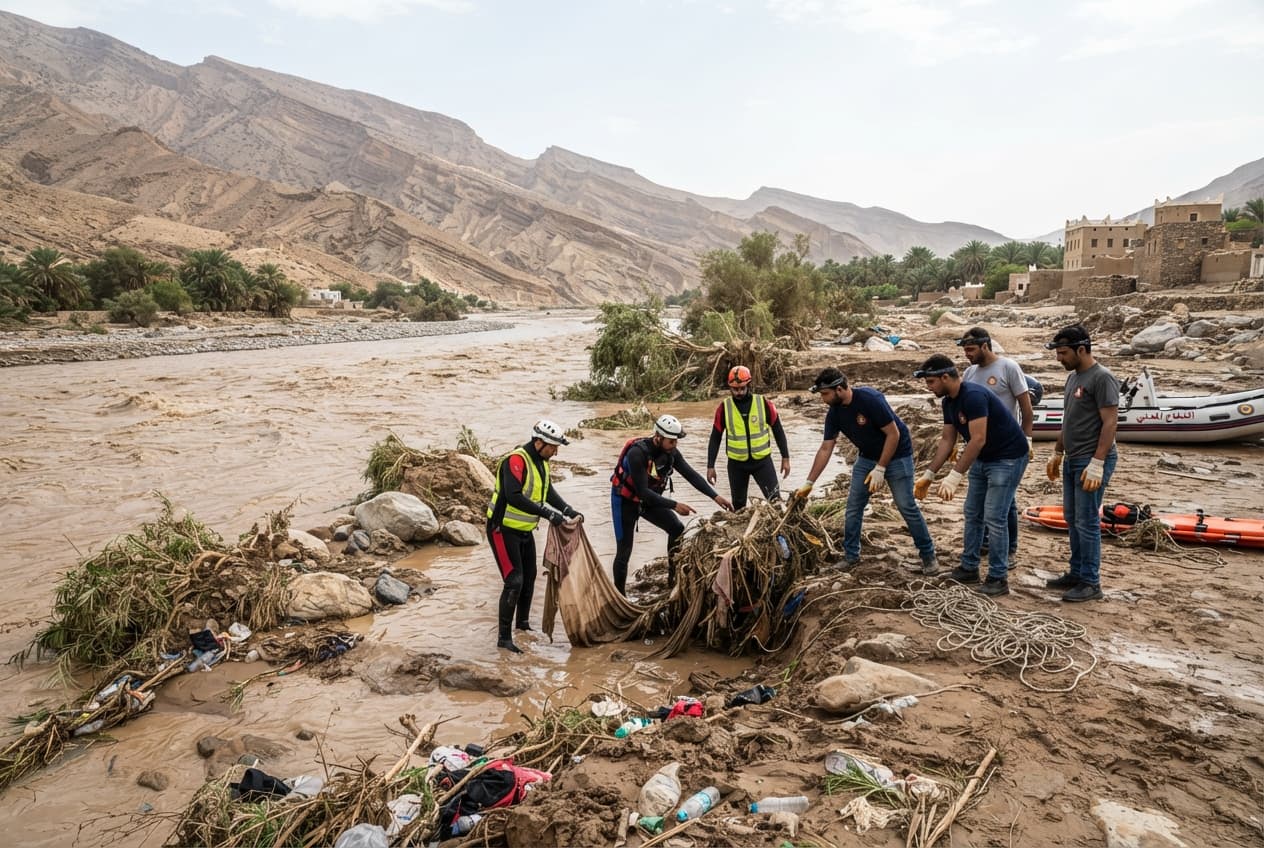 Nizwa, Oman: Flash Floods Sweep Away Vehicle Carrying Family, Resulting in Four Drownings in Wadi Nizwa, Oman: Flash Floods Sweep Away Vehicle Carrying Family, Resulting in Four Drownings in Wadi