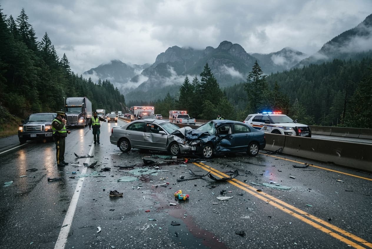 Deadly Crash Strikes: Two Sedans Smash Head-On Along British Columbia Highway Corridor Deadly Crash Strikes: Two Sedans Smash Head-On Along British Columbia Highway Corridor