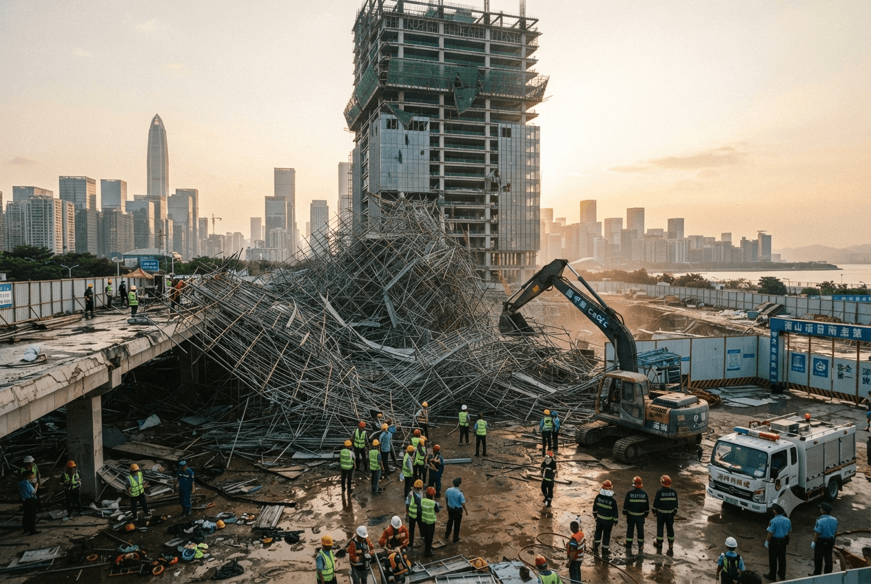 Scaffolding Collapse Disaster: Commercial Tower Construction Site Mishap Crushes Workers in Shenzhen Scaffolding Collapse Disaster: Commercial Tower Construction Site Mishap Crushes Workers in Shenzhen