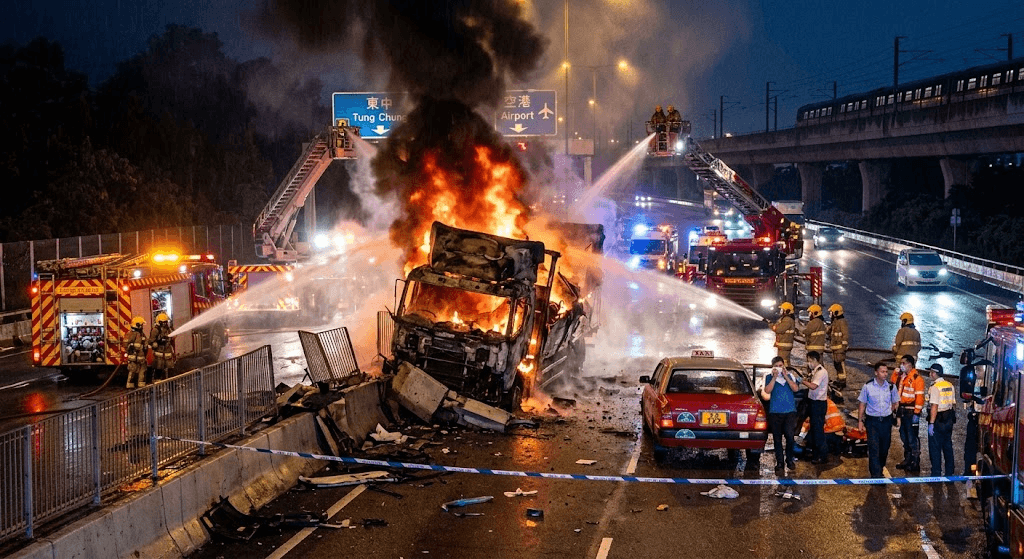 Driver Flees Scene After Explosive Truck Crash Leaves Two Injured on Lantau Island Driver Flees Scene After Explosive Truck Crash Leaves Two Injured on Lantau Island