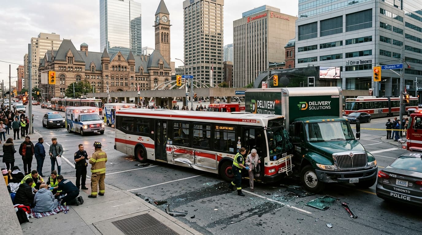 Commercial Truck Collides With City Bus In Toronto, 14 Injured, Passengers Thrown, Traffic Halted For Hours Commercial Truck Collides With City Bus In Toronto, 14 Injured, Passengers Thrown, Traffic Halted For Hours