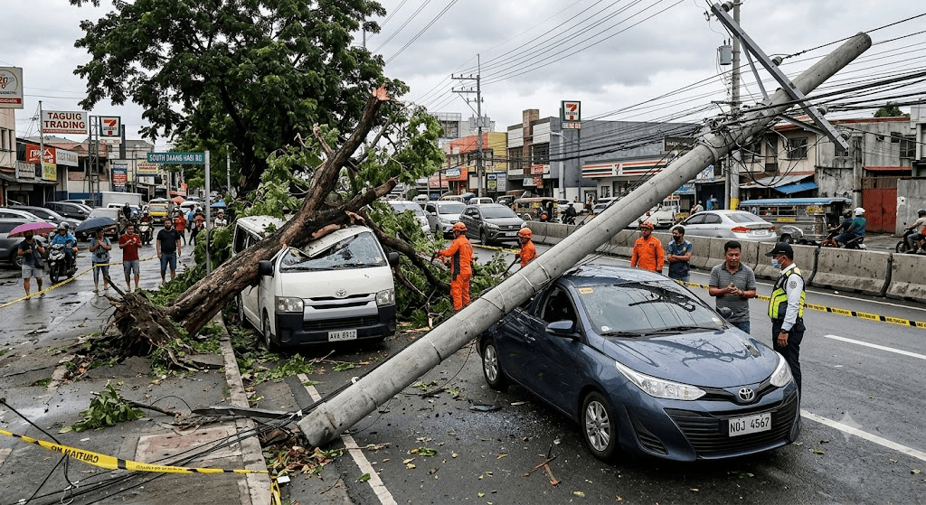 Double Disaster in Taguig: Fallen Post and Tree Crush Vehicles on South Daang Hari Double Disaster in Taguig: Fallen Post and Tree Crush Vehicles on South Daang Hari