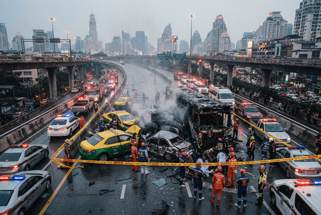 Tollway Disaster: Multi-Vehicle Pileup Claims Two Family Members on Elevated Bangkok Transit Route Tollway Disaster: Multi-Vehicle Pileup Claims Two Family Members on Elevated Bangkok Transit Route
