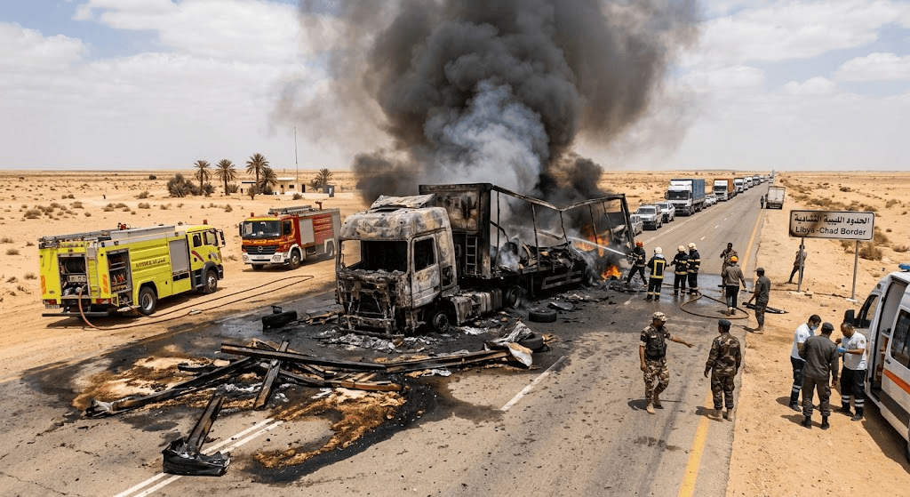Inferno on the Border: Sugar Truck Overturns and Bursts into Flames near Libya-Chad Crossing Inferno on the Border: Sugar Truck Overturns and Bursts into Flames near Libya-Chad Crossing