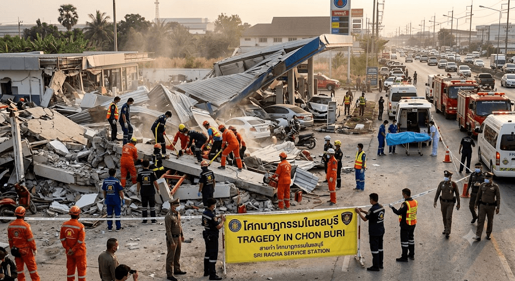 Tragedy in Chon Buri: One Dead, Another Trapped After Massive Service Station Explosion Tragedy in Chon Buri: One Dead, Another Trapped After Massive Service Station Explosion