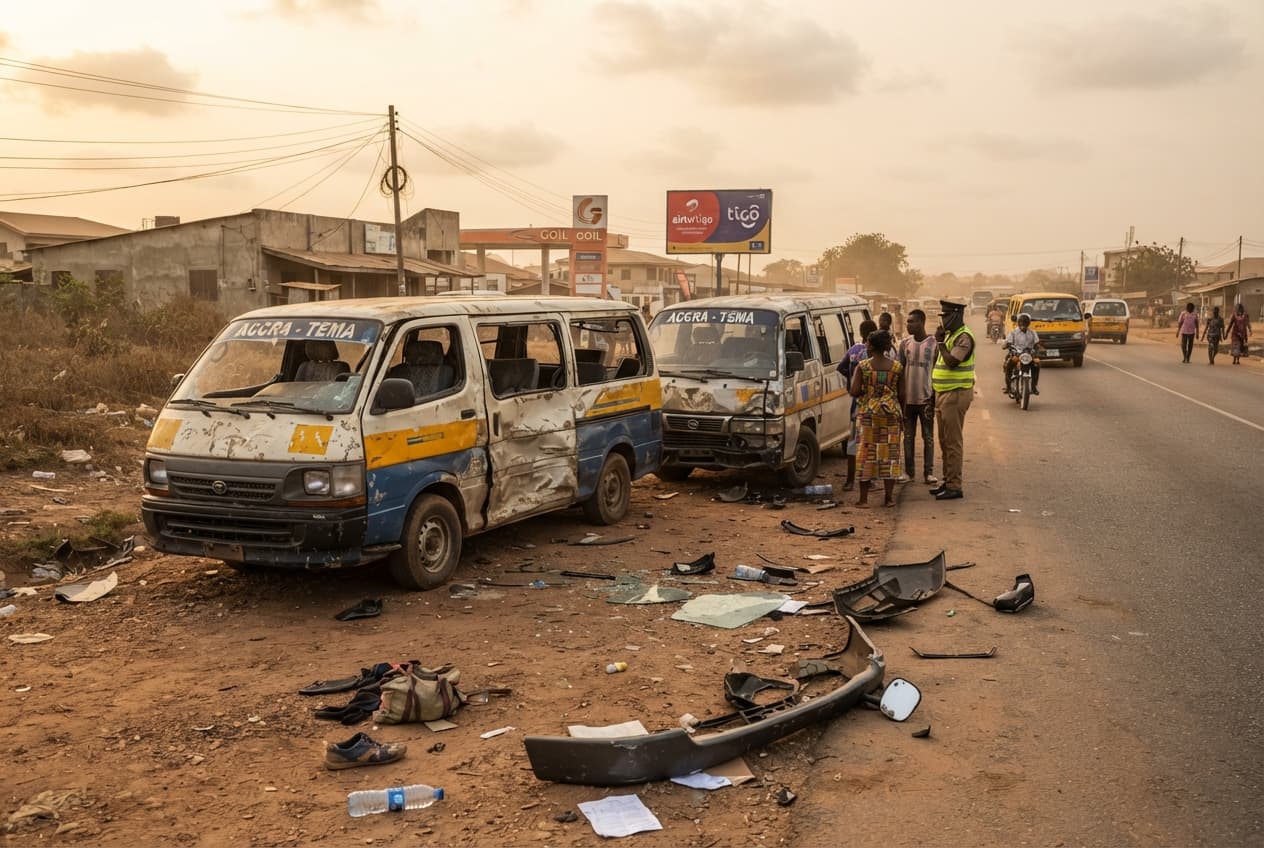 Head-On Collision Horror: Thirteen Dead After Two Minivans Crash in Greater Accra Region Head-On Collision Horror: Thirteen Dead After Two Minivans Crash in Greater Accra Region