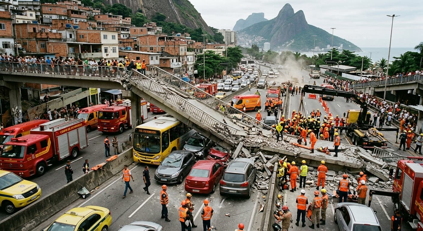 Pedestrian Overpass Collapses In Rio De Janeiro, Two Dead, Several Critically Injured, Traffic Halted Overnight Pedestrian Overpass Collapses In Rio De Janeiro, Two Dead, Several Critically Injured, Traffic Halted Overnight