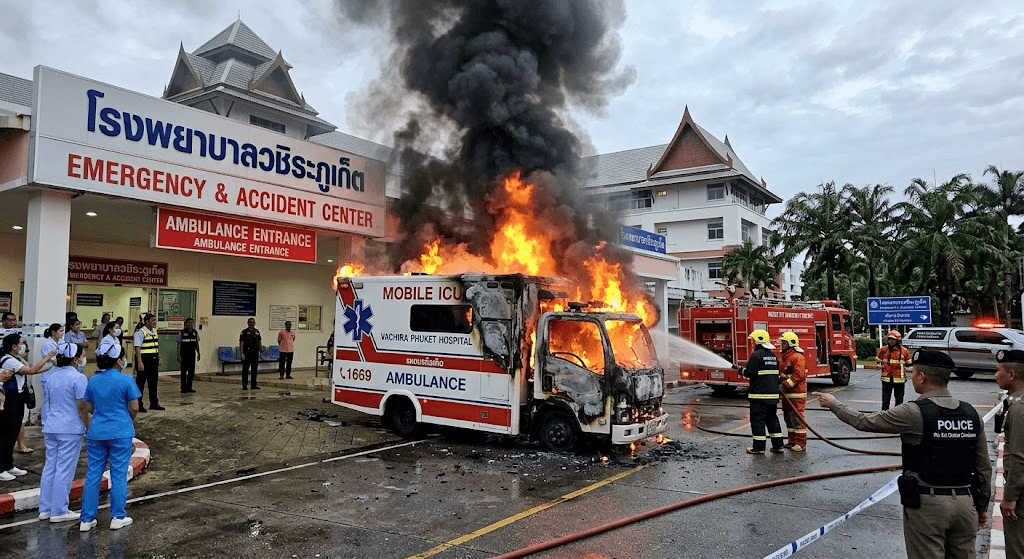 Fire Explodes Outside Phuket Hospital, Destroying Multi-Million Baht Mobile ICU Fire Explodes Outside Phuket Hospital, Destroying Multi-Million Baht Mobile ICU
