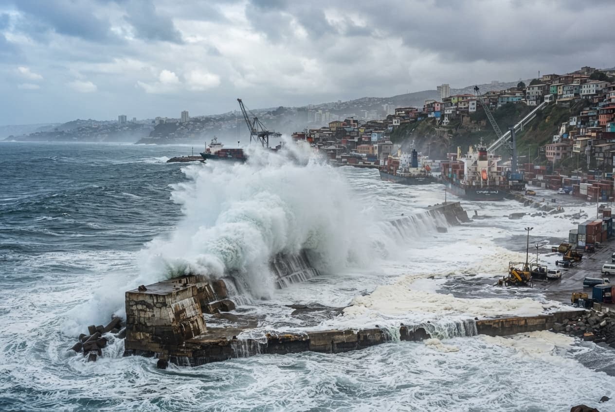Coastal Storm Surge Strikes: Valparaiso Port Infrastructure Damaged After Unseasonal High Waves Hit Docks Coastal Storm Surge Strikes: Valparaiso Port Infrastructure Damaged After Unseasonal High Waves Hit Docks