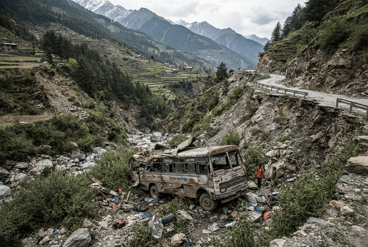 Himalayan Road Tragedy: Fourteen Dead After Bus Plunges Off Cliff in Northern India Himalayan Road Tragedy: Fourteen Dead After Bus Plunges Off Cliff in Northern India