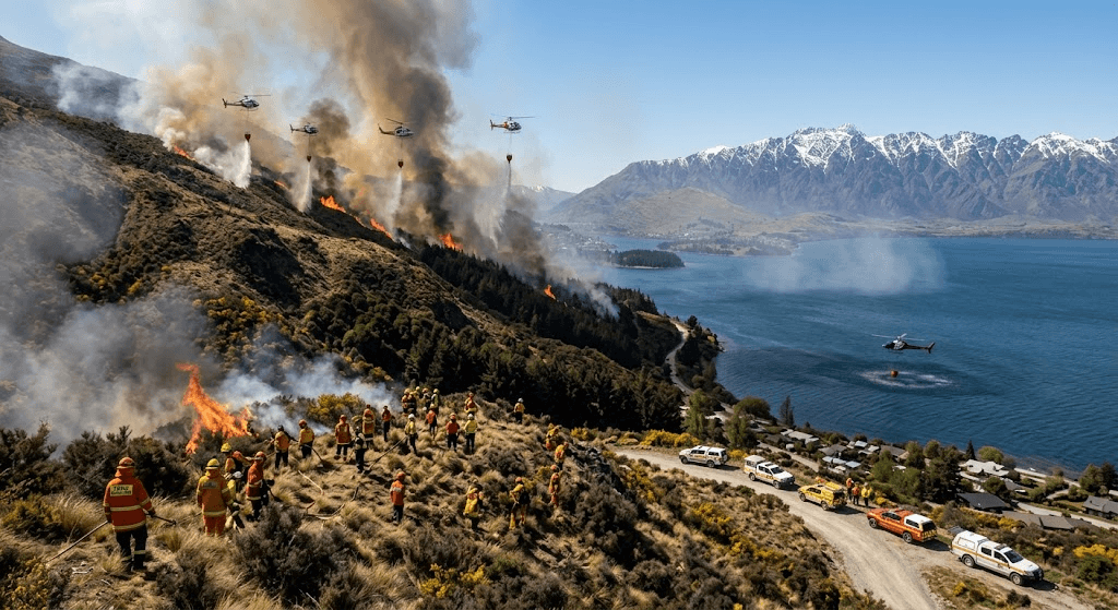 Blaze Above Lake Wakatipu: Helicopters and Ground Crews Fight Wildfire on Steep Slopes Blaze Above Lake Wakatipu: Helicopters and Ground Crews Fight Wildfire on Steep Slopes