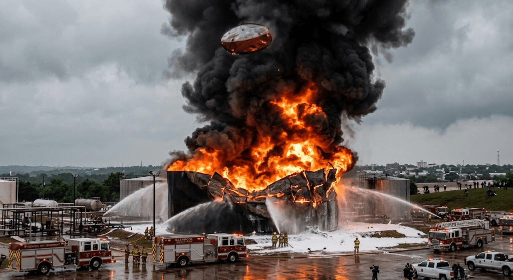 Lightning Strike Sparks Explosion and Fire at Oklahoma Tank Farm, Blasting Tank Lid Into the Sky Lightning Strike Sparks Explosion and Fire at Oklahoma Tank Farm, Blasting Tank Lid Into the Sky