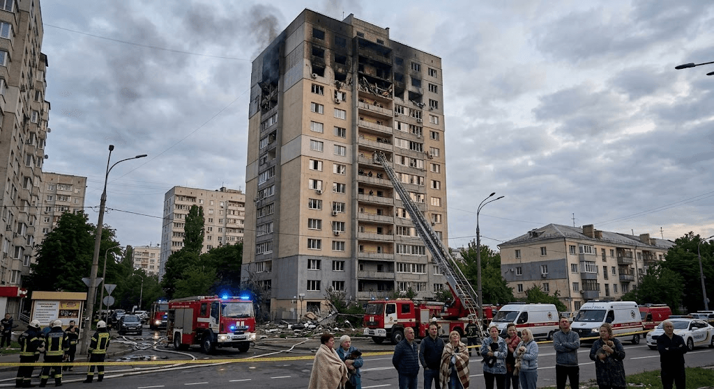 Kyiv Air Assault: 16-Story High-Rise Damaged by Falling Drone Debris in Holosiivskyi Kyiv Air Assault: 16-Story High-Rise Damaged by Falling Drone Debris in Holosiivskyi