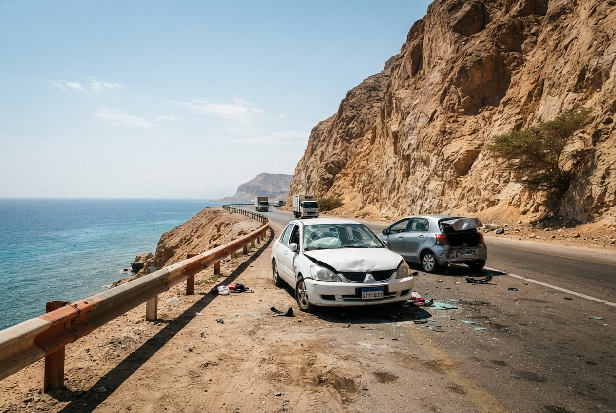 Coastal Highway Rockslide in Aqaba: Falling Boulders Damage Two Vehicles and Leave Driver Injured Coastal Highway Rockslide in Aqaba: Falling Boulders Damage Two Vehicles and Leave Driver Injured
