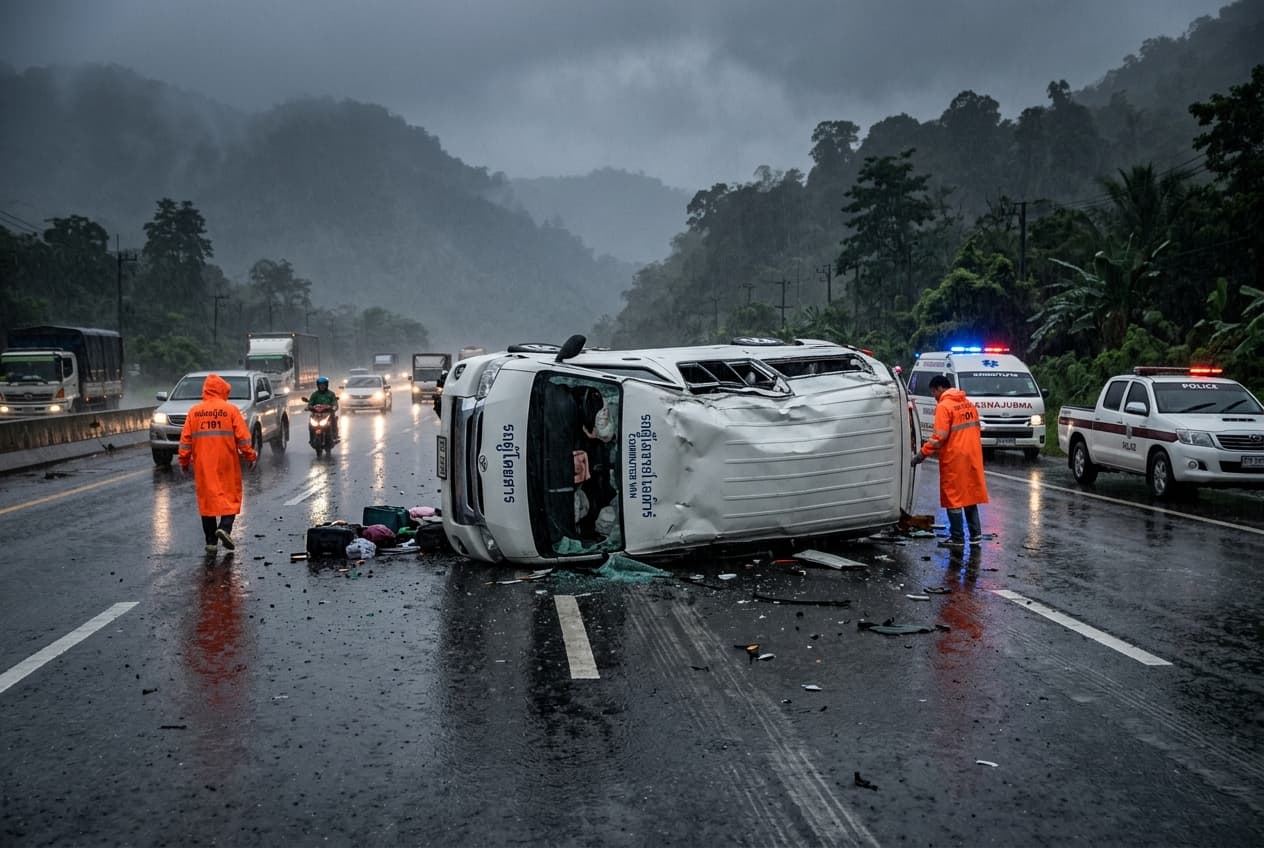 Rainy Highway Wreck: Commuter Van Overturns On Slippery Northern Highway In Thailand Rainy Highway Wreck: Commuter Van Overturns On Slippery Northern Highway In Thailand